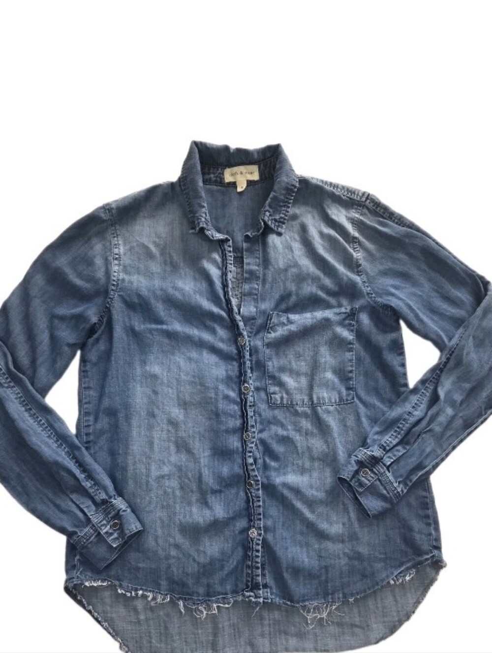 Cloth & Stone Anthropologie Distressed Chambray Button Down Top Size S Raw Hem